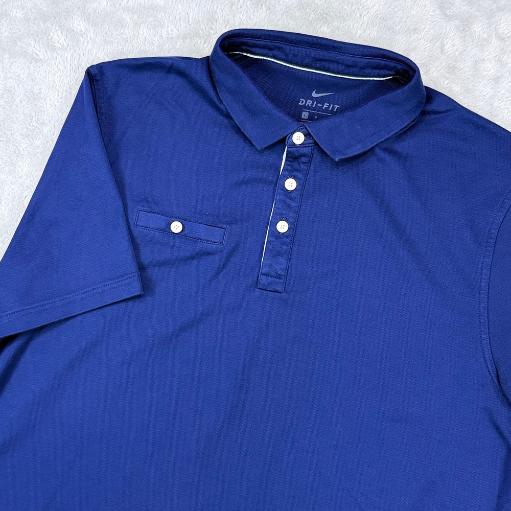 Nike Polo Shirt Mens Large Blue Dri-FIT Short Sleeve Button Pocket Golf AT8940